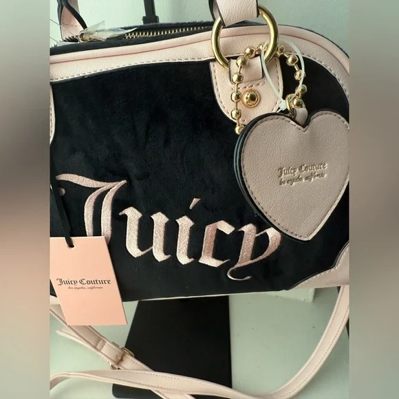Juicy Couture Black & Pink Velour Handbag w/ Heart Keychain NWT - Picture 2 of 5